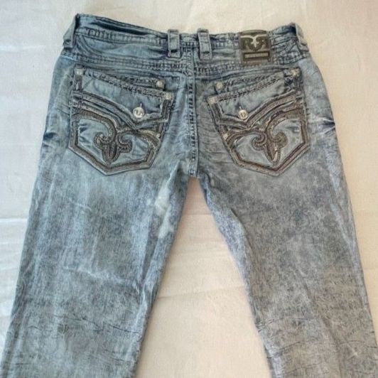 Men's Rock Revival Jean Meyrick Straight Leg Size 36x31 Blue Wash White Stitch